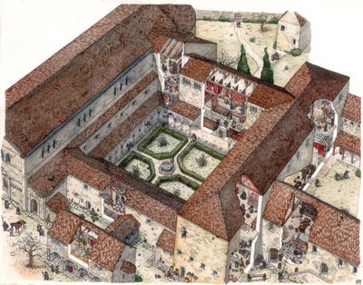 Średniowiecze: odtworzenie klasztoru i życia mniszek lub mnichów. Cięcia pozwalają zobaczyć wewnętrzne sceny. Ilustracja autorstwa Giorgio Albertini. (Korzystanie z dzieł tego autora nie jest przedmiotem wniosku o zezwolenie od strony trzeciej o autorstwa Giorgio Albertini