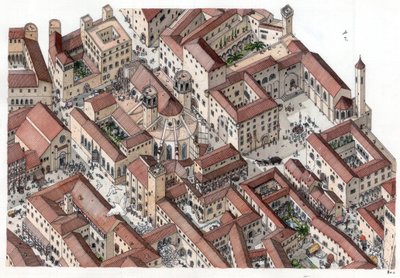 Średniowiecze: odtworzenie historycznej dzielnicy Barri Gotic (barrio gotico) w Barcelonie w XIV wieku. Widoczna jest katedra Sainte-Eulalie (Świętej Eulalii). Hiszpania Ilustracja autorstwa Giorgio Albertini. (Wykorzystanie prac tego autora nie jest dozwo autorstwa Giorgio Albertini