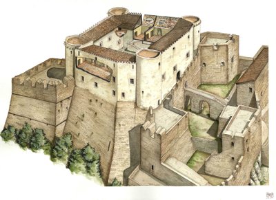 Średniowiecze: rekonstrukcja zamku Santa Severina, zbudowanego w XI wieku w Catanzaro. Kalabria Włochy Ilustracja autorstwa Giorgio Albertini. (Korzystanie z dzieł tego autora nie jest przedmiotem wniosku o zezwolenie od strony trzeciej lub do autorstwa Giorgio Albertini