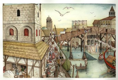 Średniowiecze: widok na most Rialto w XI wieku i działania w Wenecji, Włochy. autorstwa Giorgio Albertini