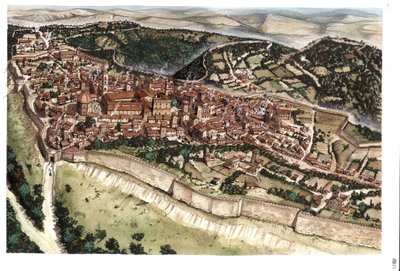 Średniowiecze: widok na średniowieczne miasto Volterra, otoczone murami obronnymi, w XIV wieku. Toskania. Włochy Ilustracja autorstwa Giorgio Albertini. (Korzystanie z dzieł tego autora nie podlega wnioskowi o zezwolenie od strony trzeciej ani t autorstwa Giorgio Albertini