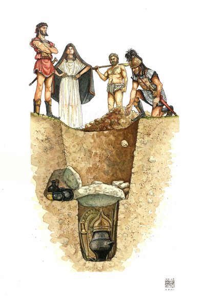 Neolit: wycięcie grobowca z Villanova (kultura Villanova), urny z prochami zmarłych pochowane w studniach (polach do gry w piłkę), VIII w. p.n.e. Etruria, Włochy autorstwa Giorgio Albertini