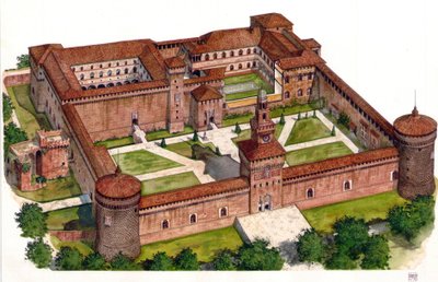 Przegląd zamku Sforzów (Castello Sforzesco) zbudowanego przez księcia Francesco Sforzę w XV wieku w Mediolanie we Włoszech. autorstwa Giorgio Albertini