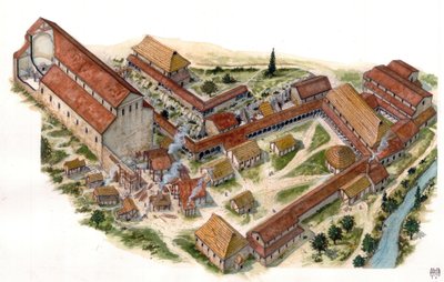 Sztuka preromańska: widok z lotu ptaka na klasztor benedyktyński św. Wincentego z Volturne (Abbadia di San Vincenzo al Volturno) założony w VIII wieku. Castel san Vincenzo, Włochy Ilustracja autorstwa Giorgio Albertini. (Wykorzystanie pracy tego autora autorstwa Giorgio Albertini
