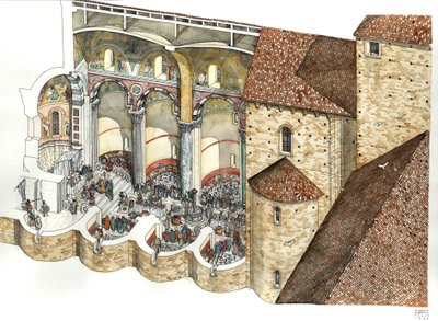 Jana na Lateranie (Saint John Laterano lub San Giovanni in Laterano) w VIII wieku: kielich architektoniczny pozwala zobaczyć triclinium i ceremonię inauguracji papieża. Rzym autorstwa Giorgio Albertini