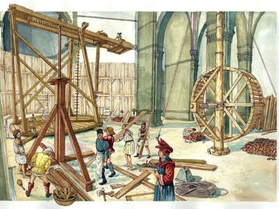 Renesans: rekonstrukcja miejsca budowy kopuły kościoła Santa Maria del Fiore (Duomo) na planach architekta Filippo Brunelleschiego. 1436. Florencja Włochy Ilustracja autorstwa Giorgio Albertini. (Wykorzystanie prac tego autora nie jest dozwolone. autorstwa Giorgio Albertini