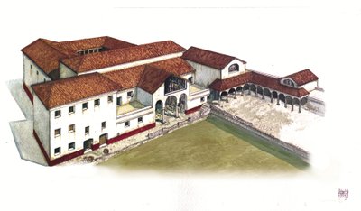 Roman Antiquite: rekonstrukcja miejsca domus portu morskiego (domus di porta marina) w Ostia antica (starożytna Ostia) w IV wieku, Włochy. autorstwa Giorgio Albertini