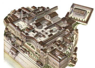 Rzymski antyk: rekonstrukcja góry Palatyn (Glue Palatino) w IV wieku, kolejni cesarze (August, Neron, Severe Septime) zbudowali swoje pałace. Rzym Włochy autorstwa Giorgio Albertini