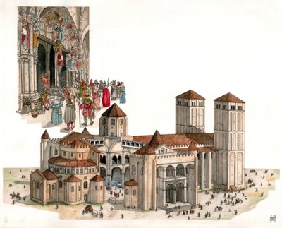 Sztuka romańska: przegląd katedry w Santiago de Compostela, zbudowanej w XI i XII wieku w Santiago de Compostela w Hiszpanii. autorstwa Giorgio Albertini