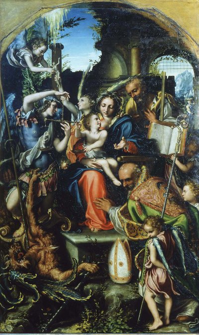 Święta Rodzina ze św. Michałem Archaniołem i Diabłem w walce o dusze, św. Bernhardem i autorstwa Giorgio Gandini del Grano