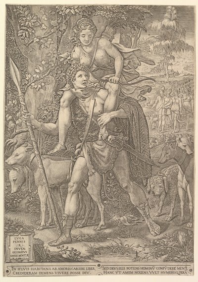 Alegoria łowów, myśliwy trzymający dużą włócznię, niosący na swoim siodle kobietę Dianę..., 1556. autorstwa Giorgio Ghisi