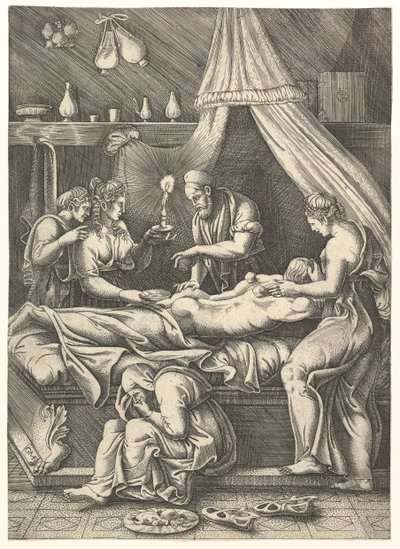 Alegoria choroby, mężczyzna leżący na brzuchu w otoczeniu postaci, ok. godz. 1540. autorstwa Giorgio Ghisi