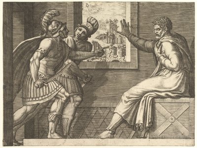 Caius Marius w więzieniu, dwóch żołnierzy cymbryjskich wchodzących do jego celi, 1560-69. autorstwa Giorgio Ghisi