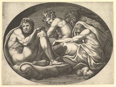 Herkules, Bachus, Pan i Saturn, z serii ośmiu kompozycji według Francesco P..., lata 60. XVI wieku. autorstwa Giorgio Ghisi
