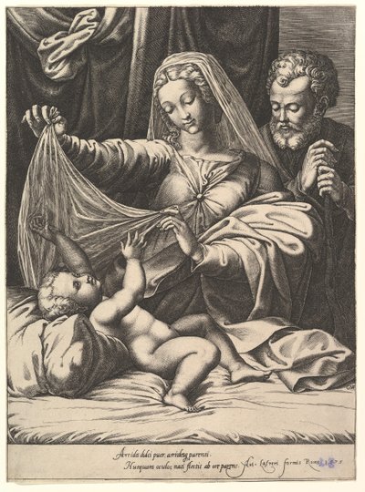 Madonna z Loreto, Dziewica podnosi zasłonę nad Dzieciątkiem, które leży na łóżku i poduszce..., 1575. autorstwa Giorgio Ghisi