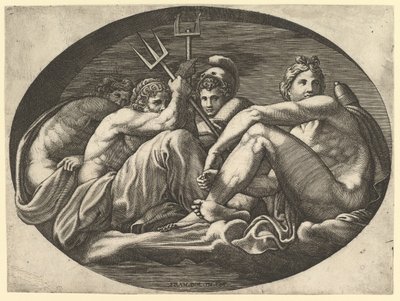 Pluton, Neptun, Minerwa i Apollo, z serii ośmiu kompozycji według Francesco P..., lata 60. XVI wieku. autorstwa Giorgio Ghisi