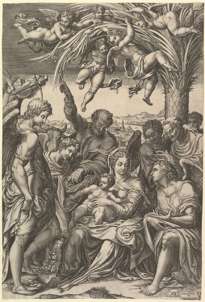 Odpocznij w ucieczce do Egiptu, Święta Rodzina pod palmą w otoczeniu aniołów, kład..., 1578. autorstwa Giorgio Ghisi