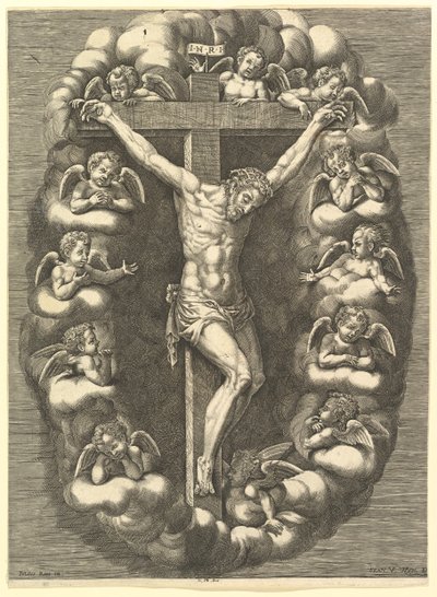 Chrystus ukrzyżowany w otoczeniu aniołów żałoby, 1575-1679. autorstwa Giorgio Ghisi