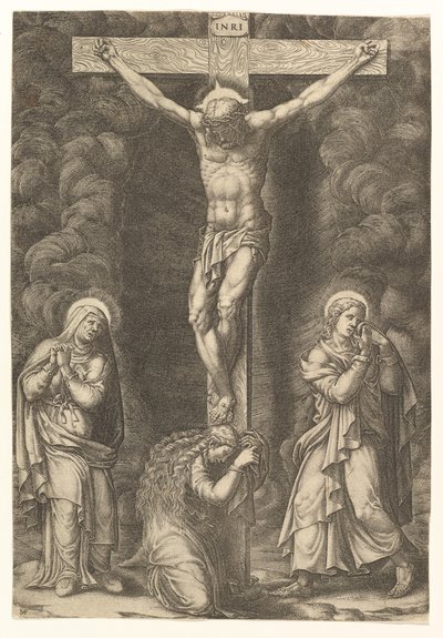 Ukrzyżowanie z Dziewicą, Magdaleną i św. Janem, koniec lat siedemdziesiątych XVI wieku. autorstwa Giorgio Ghisi