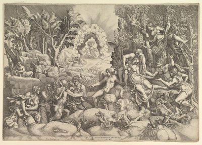 Śmierć Prokrysa, po prawej stronie Cephalos opłakujący śmierć Prokrysa w otoczeniu..., ok. godz. 1540. autorstwa Giorgio Ghisi