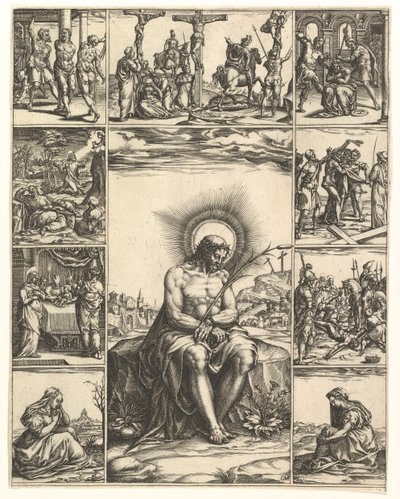 Mąż Bolesny, wizerunek Chrystusa otoczony dziewięcioma winietami przedstawiającymi sceny z..., z 1575 r. autorstwa Giorgio Ghisi