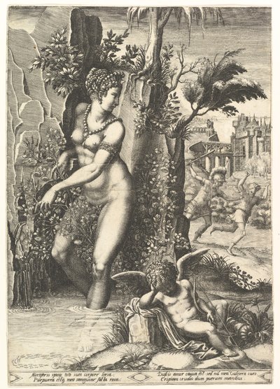Wenus nakłuta cierniami na krzaku róży, w tle Mars goniący Adonisa, w ..., 1556 r. autorstwa Giorgio Ghisi