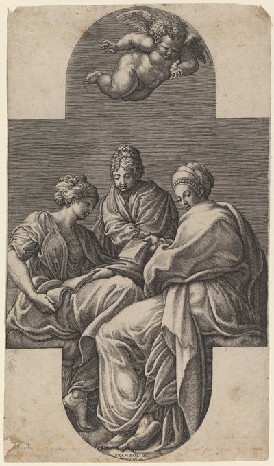 Trzy muzy i gestykulujące putto autorstwa Giorgio Ghisi after Francesco Primaticcio