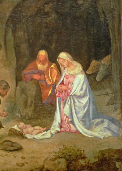 د شپونانو عبادت، د سپېڅلې کورنۍ تفصیل، c.1510 (پینل) (تفصیل 68685) پولی autorstwa Giorgio Giorgione