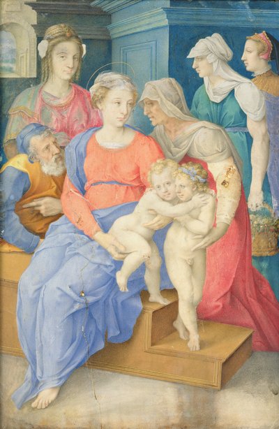 Święta Rodzina ze św. Elżbietą, św. Janem Chrzcicielem i Trzema Szlachciankami, ok.1557 autorstwa Giorgio Giulio Clovio