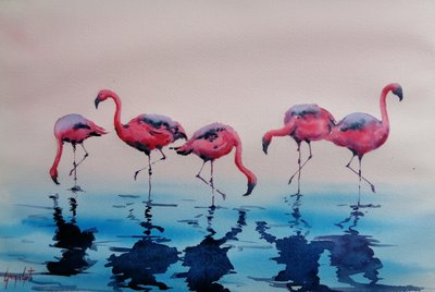 Brodzące różowe flamingi autorstwa Giorgio Gosti