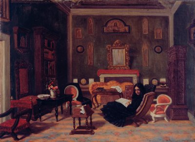 Elizabeth Barret Browning we wnętrzu swojego salonu w domu Guidi we Florencji, ok. 1880 r. (olej na płótnie) autorstwa Giorgio Mignaty