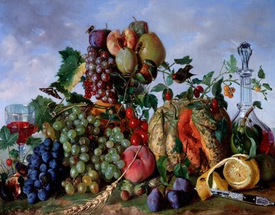 Martwa natura z owoców sierpnia, brzoskwiń, melona, winogrona, śliwek damasceńskich, gruszek (owoce sierpniowe, brzoskwinie, melon, gruszki, winogrona i węgierki) Obraz Giorgio Rovea (ok. 1815-1892) 1862 Dim 53x67 cm Genes , Galleria d
