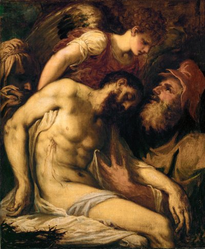 Martwy Chrystus podtrzymywany przez anioła i Józefa z Arymatei ... (obraz na płótnie) autorstwa Giorgio Schiavone