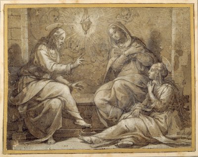 Chrystus w Domu Marty i Marii (pióro i tusz z wash & gwasz, na kredzie, na papierze) autorstwa Giorgio Vasari