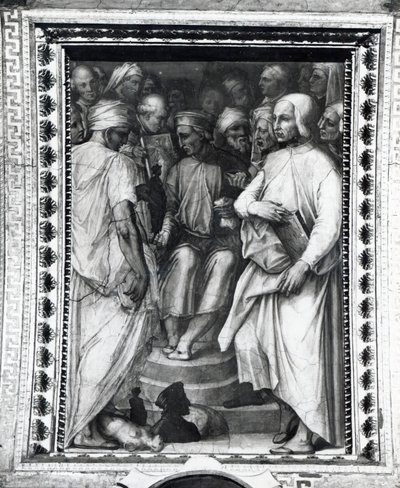 Cosimo de Medici siedzący wśród filozofów i artystów w Sala di Cosimo il Vecchio autorstwa Giorgio Vasari