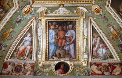 Szczegół pokoju Cosimo de Medicis przedstawiającego się z artystami i intelektualistami (fresk autorstwa Giorgio Vasari