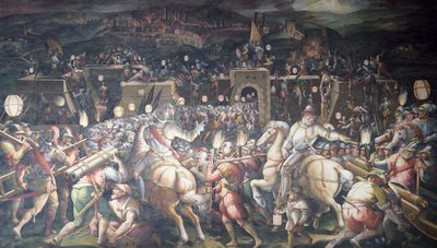 Włochy, Florencja, Palazzo Vecchio (Stary Pałac), Salone dei Cinquecento, Zdobycie fortu w pobliżu Port Camollia w Sienie autorstwa Giorgio Vasari