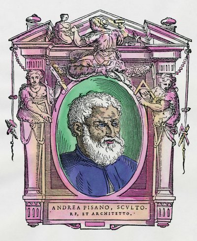 Portret Andrei Pisano (1290-1349) włoskiego rzeźbiarza i architekta. Grawerowanie przysmaku „Życie najwybitniejszych malarzy, rzeźbiarzy i architektów” (Le Vite de