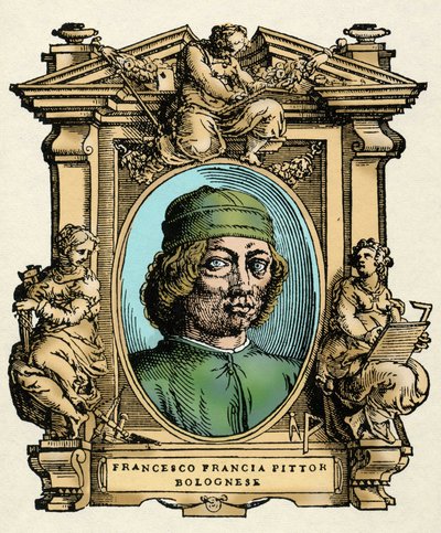 Portret Francesco FRANCIA (1450-1517) włoskiego malarza. Grawerowanie traktatu „„ Żywoty najwybitniejszych malarzy, rzeźbiarzy i architektów ”” (Le Vite de