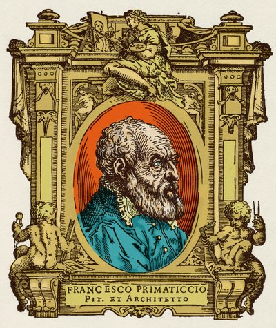 Portret Francesco Primaticcio zwanego Prymatykiem (1504-1570) malarza, rzeźbiarza i architekta. Był członkiem Ecole de Fontainebleau. Grawerowanie przysmaku „Życie najwybitniejszych malarzy, rzeźbiarzy i architektów”” (Le Vite de