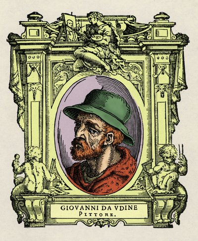 Portret Giovanniego da Udine (Giovanni Nanni) (1487-1564). Włoski malarz i architekt. Grawerowanie przysmaku „Życie najwybitniejszych malarzy, rzeźbiarzy i architektów”” (Życie najwybitniejszych malarzy, rzeźbiarzy i architektów) autorstwa Giorgio autorstwa Giorgio Vasari