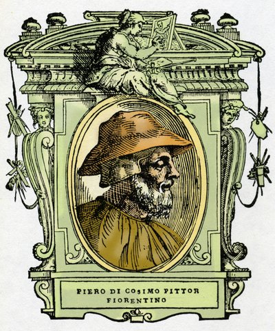 Portret Piero di Cosimo (ok. 1462-1521?), malarza florenckiego. Grawerowanie przysmaku „Życie najwybitniejszych malarzy, rzeźbiarzy i architektów”” (Życie najwybitniejszych malarzy, rzeźbiarzy i architektów) autorstwa Giorgio Vasari autorstwa Giorgio Vasari