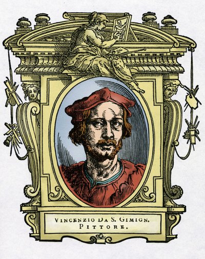 Portret Vincenzo TAMAGNIEGO (Vincenzo da San Gimignano) (1492-1530) włoskiego malarza. Grawerowanie przysmaku „Życie najwybitniejszych malarzy, rzeźbiarzy i architektów”” (Życie najdoskonalszych malarzy, rzeźbiarzy i architektów) autorstwa Giorgio Vasara autorstwa Giorgio Vasari