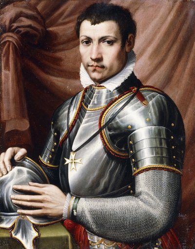 Portret Kawalera Maltańskiego, połowa długości, w zbroi, trzymającego hełm na stole, z tyłu zasłona, autorstwa Giorgio Vasari
