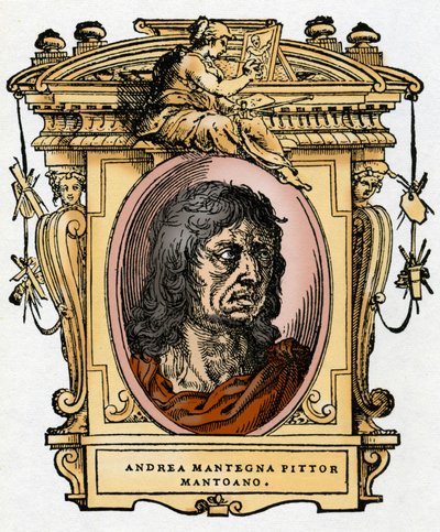 Portret malarza Andrei Mantegny (1431-1506) Ksylografia z „Życia malarzy” Giorgio Vasariego. autorstwa Giorgio Vasari