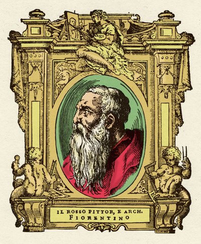 Portret malarza Giovanniego Battisty di Jacopo (Rosso Fiorentino) (1495-1540). Był członkiem Ecole de Fontainebleau. Grawerowanie przysmaku „Życie najwybitniejszych malarzy, rzeźbiarzy i architektów”” (Le Vite de