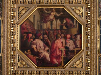 Przemówienie Antonio Giacominiego na temat wojny przeciwko Pizie w Sala dei Duecento autorstwa Giorgio Vasari