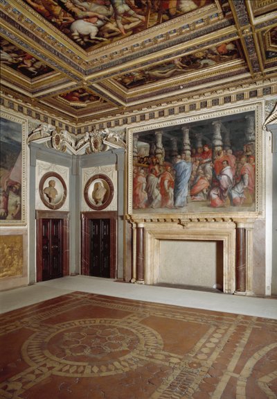 Widok pokoju papieża Leona X z obrazem przedstawiającym się podczas elekcji kardynałów (fresk) autorstwa Giorgio Vasari