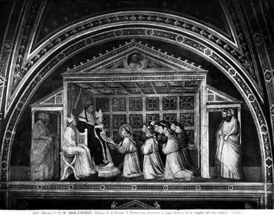 Papież Innocenty III (1160-1216) Zatwierdzenie Reguły (fresk) (zdjęcie czarno-białe) autorstwa Giotto (c.1266 1337)