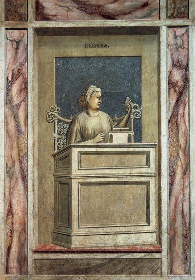 Roztropność, postać kobieca siedząca przy biurku, patrząca w przeszłość, by czerpać z doświadczenia i czytająca książkę, by zdobyć nauki na przyszłość, autorstwa Giotto, cykl fresków Wady i cnoty, po renowacji, Kaplica Scrovegnich, Padwa, Wenecja Euganejsk autorstwa Giotto (c.1266 1337)